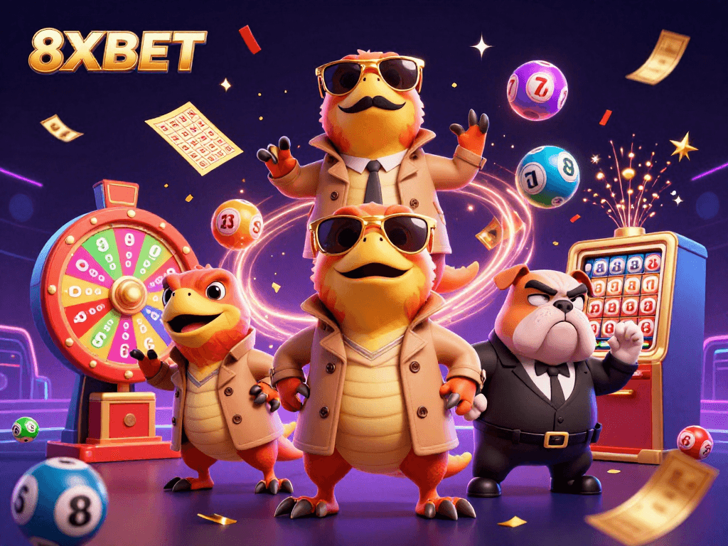 Experience the thrill at 8XBET with animated raptors entering a VIP casino, surrounded by exciting lottery elements.