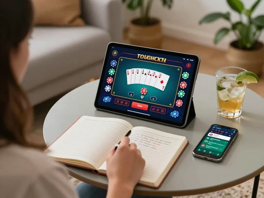 Player engaging in online gambling with 98win vin casino game on tablet in cozy home setting.