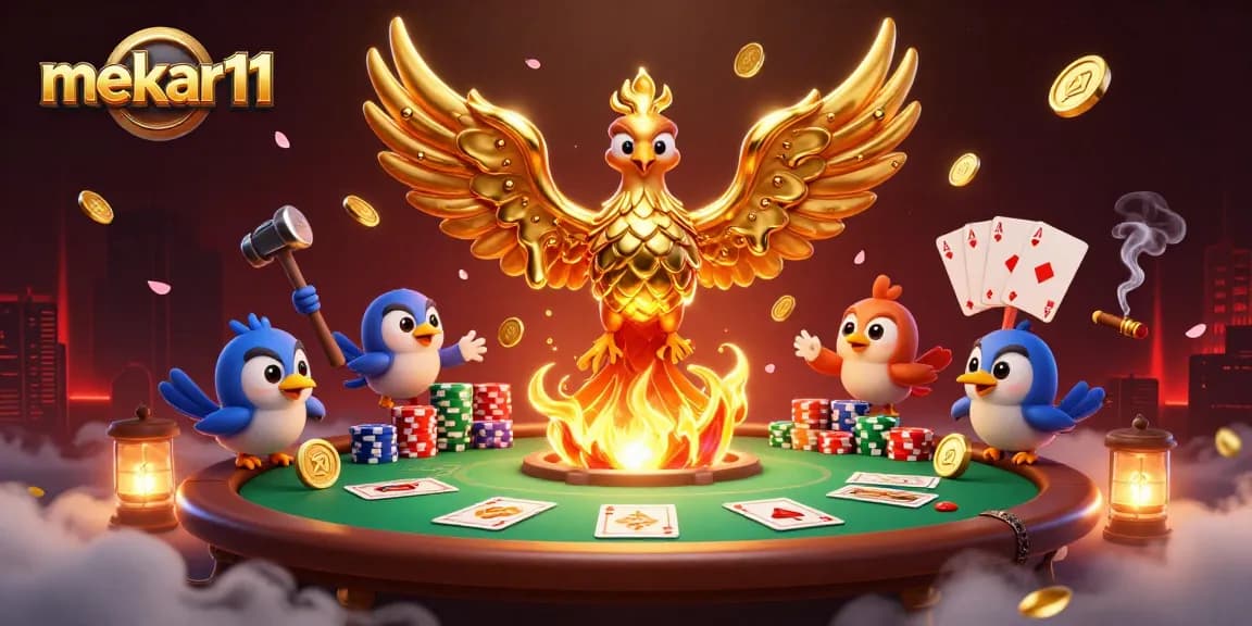 Experience mekar11 gameplay with a molten gold phoenix and poker action in 3D illustration.