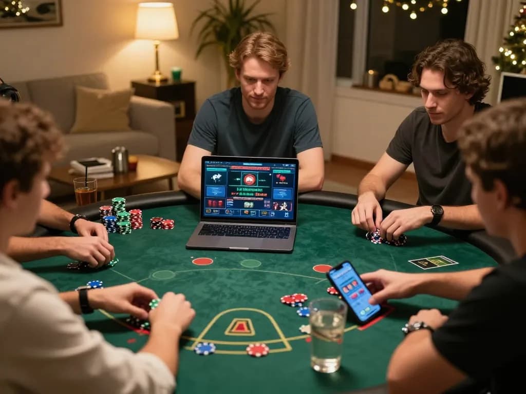 Players enjoying w188 live dealer games from a cozy home setup, showing laptop and smartphone actions