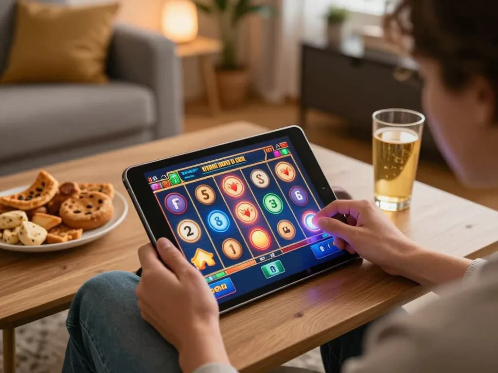 Enjoying a thrilling slot game on 888top tablet in a cozy home setting
