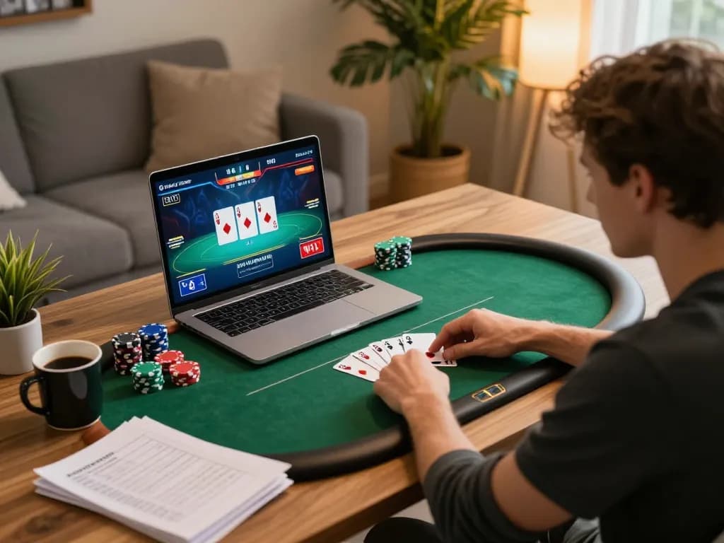 Player engaged in online poker at home, highlighting TR88 strategy and responsible gaming.