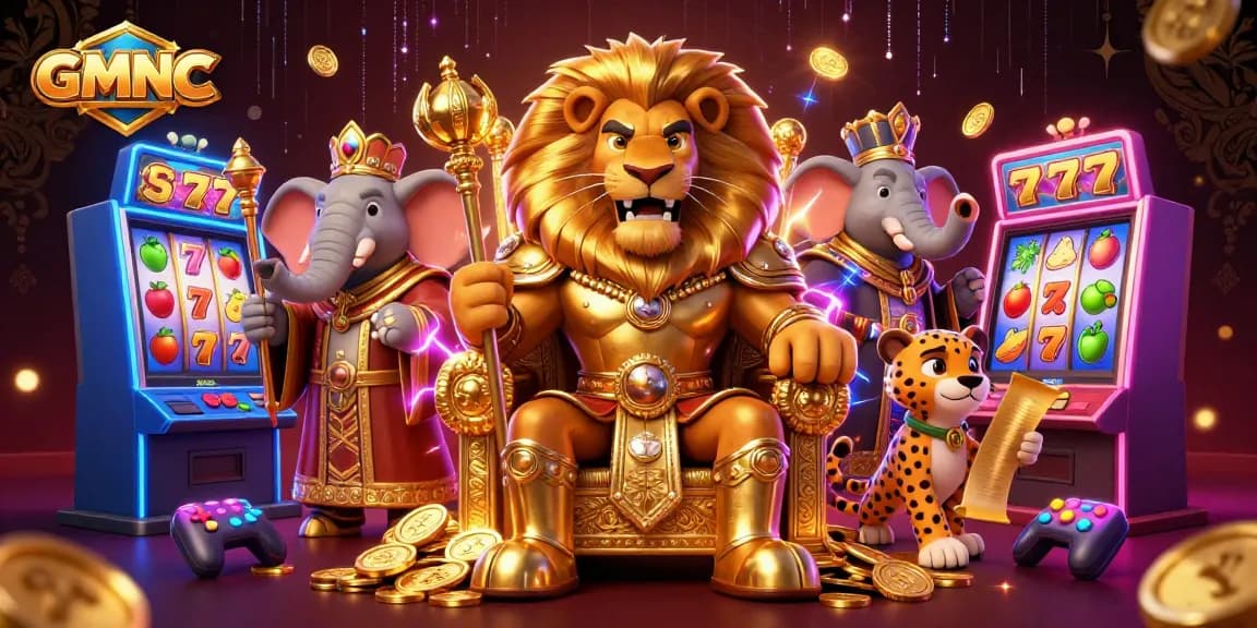 Experience the thrill of GMNC with vibrant slot machines and a royal lion king.