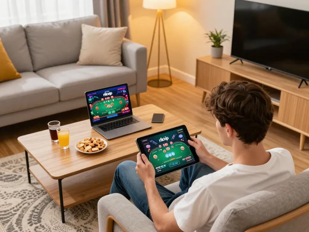 Player engaging with the rikvip online casino app on a tablet, cozy home setting with snacks and drinks.
