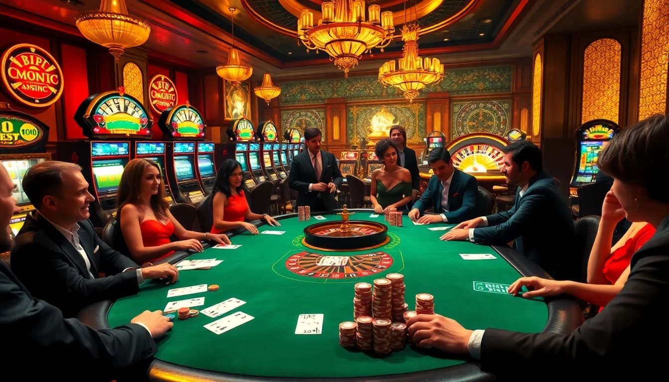 BDJL players enjoying high-stakes poker at a luxurious casino table filled with excitement.