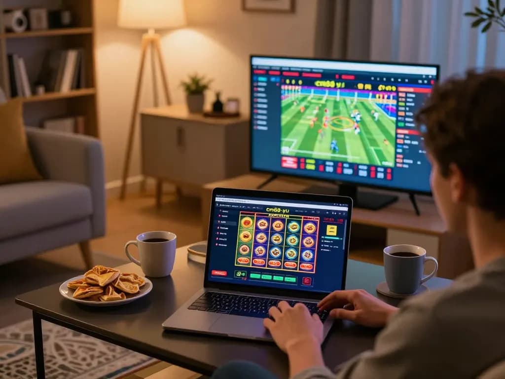 Player enjoying cm88-yu online casino gaming on laptop with cozy home setup.