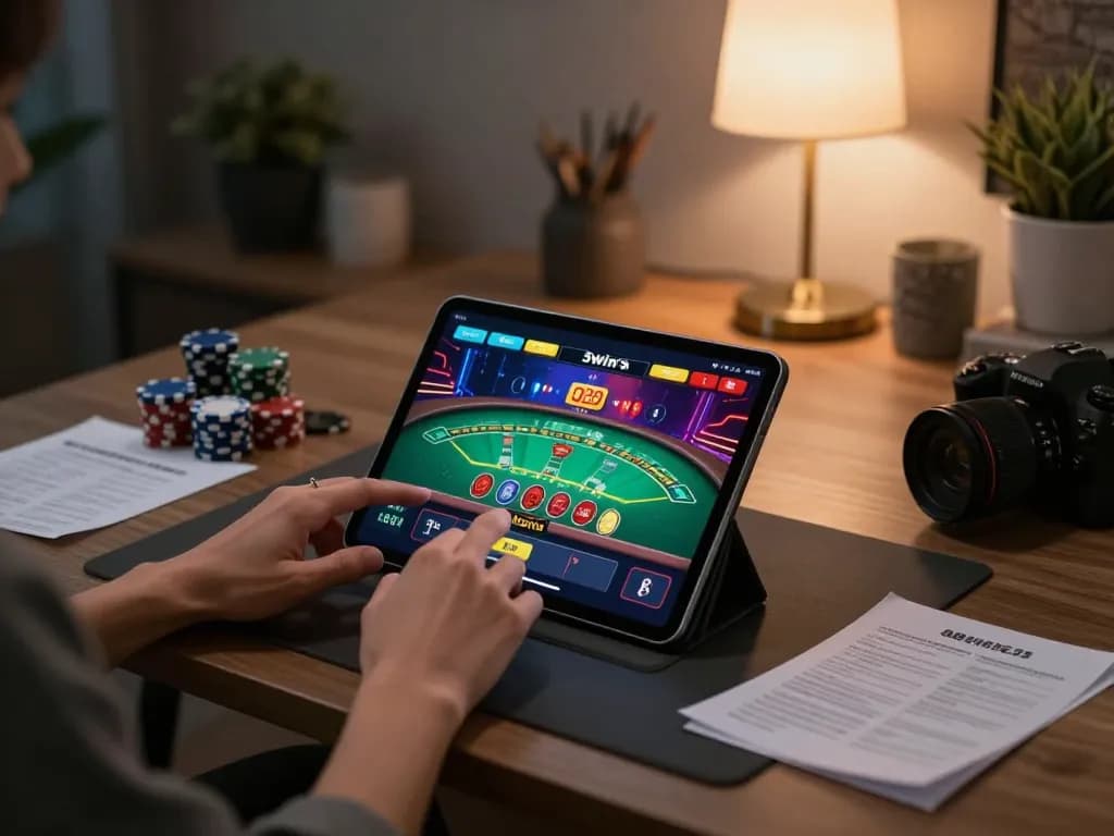 Engaged player using the 3win app for an exciting online blackjack game at home.