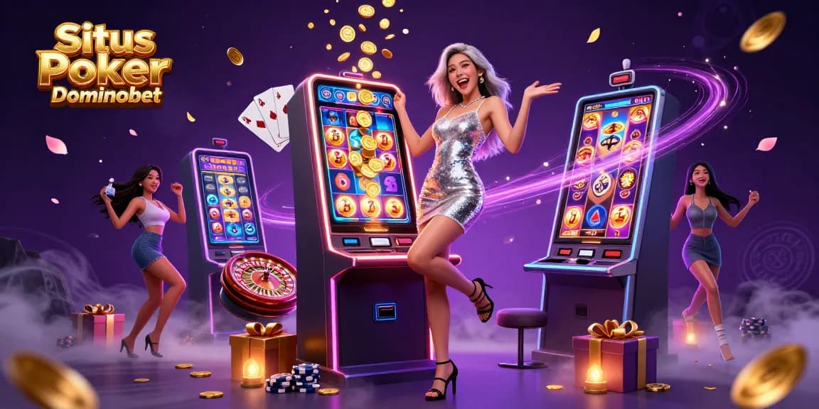 Situs Poker Dominobet offers thrilling action with a celebratory Asian woman in a vibrant casino setting.
