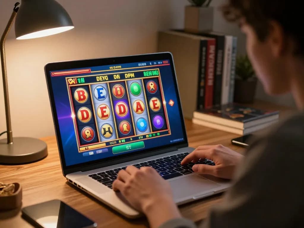 Pemain berinteraksi dengan permainan slot online OKESLOT di laptop di lingkungan rumah yang nyaman.