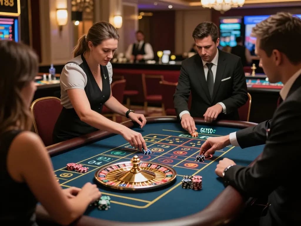 Players engage in a lively game of roulette at SKY88 Casino, showcasing strategic bets and vibrant atmosphere.