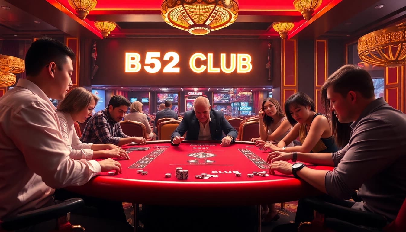 Players enjoy a thrilling game at the vibrant B52 CLUB casino table filled with poker chips and cards.