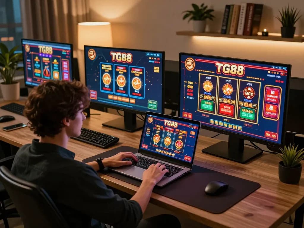 TG88 user engaging in online poker with vibrant gaming interface and cozy setup.