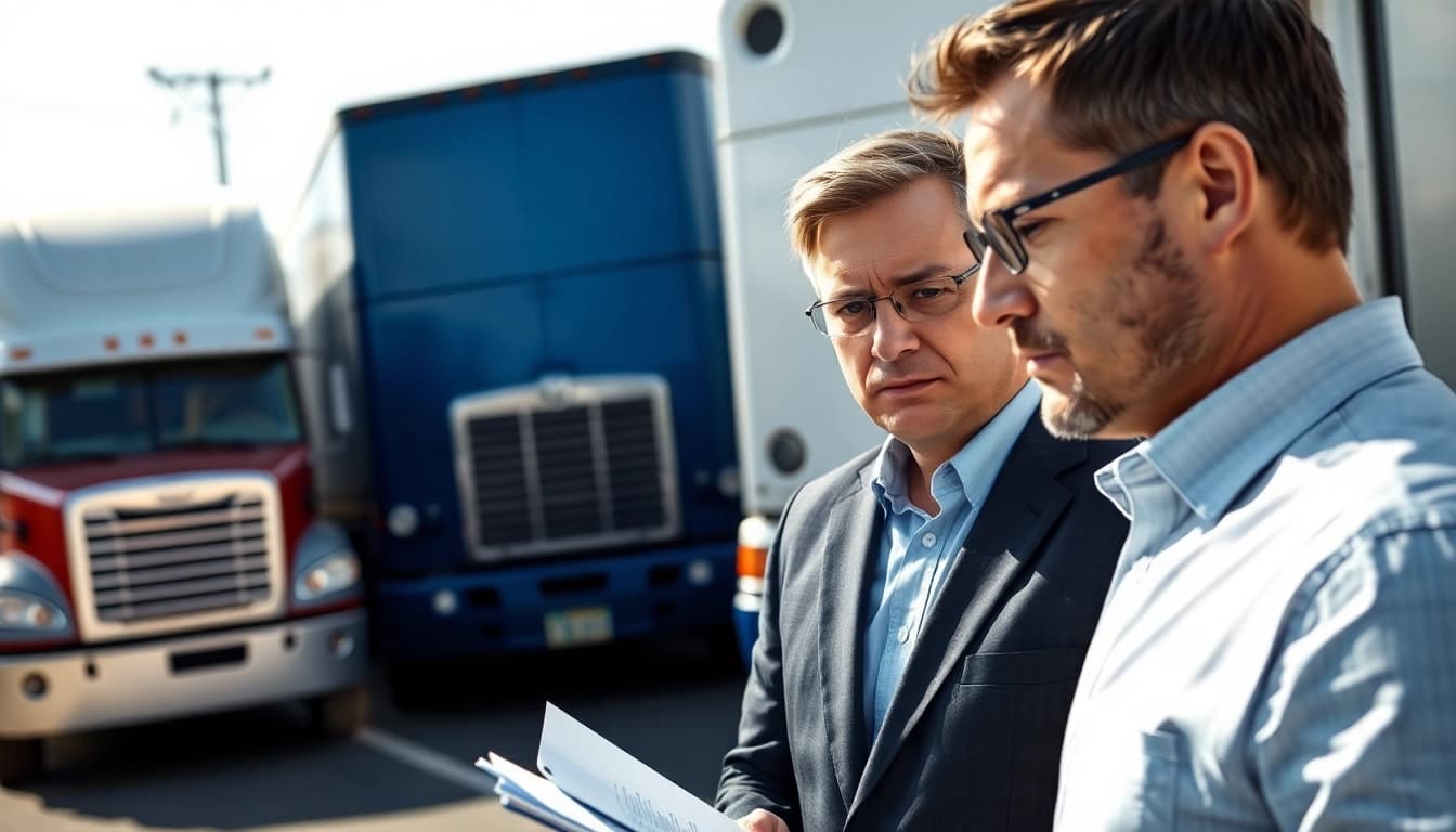 Clearwater truck accident attorney consulting with a client at a busy intersection surrounded by trucks.