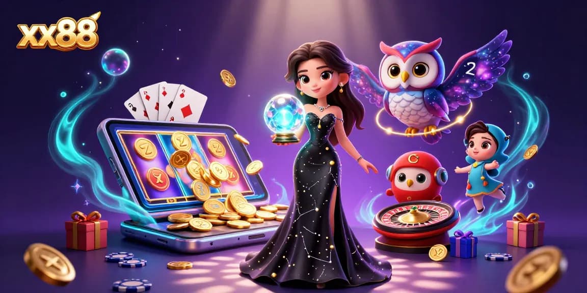 Engage in thrilling gaming at xx88 with a stunning scene of slot games and mystical characters.