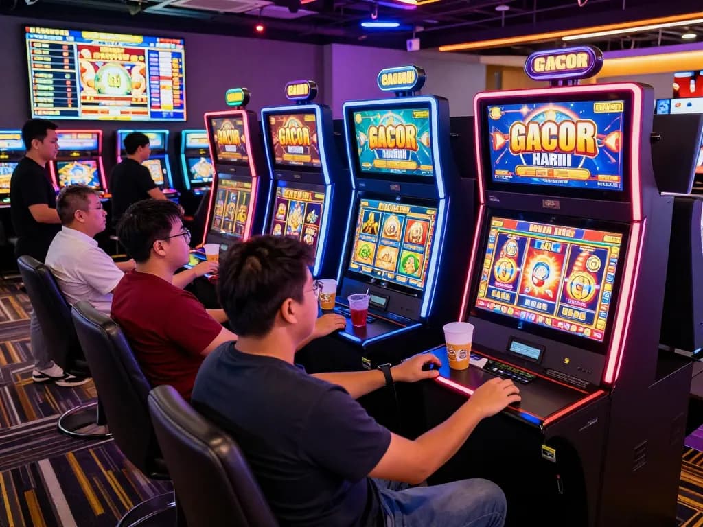 Pemain yang terlibat menikmati slot gacor hari ini di ruang permainan yang meriah dengan layar terang dan suasana yang hidup.