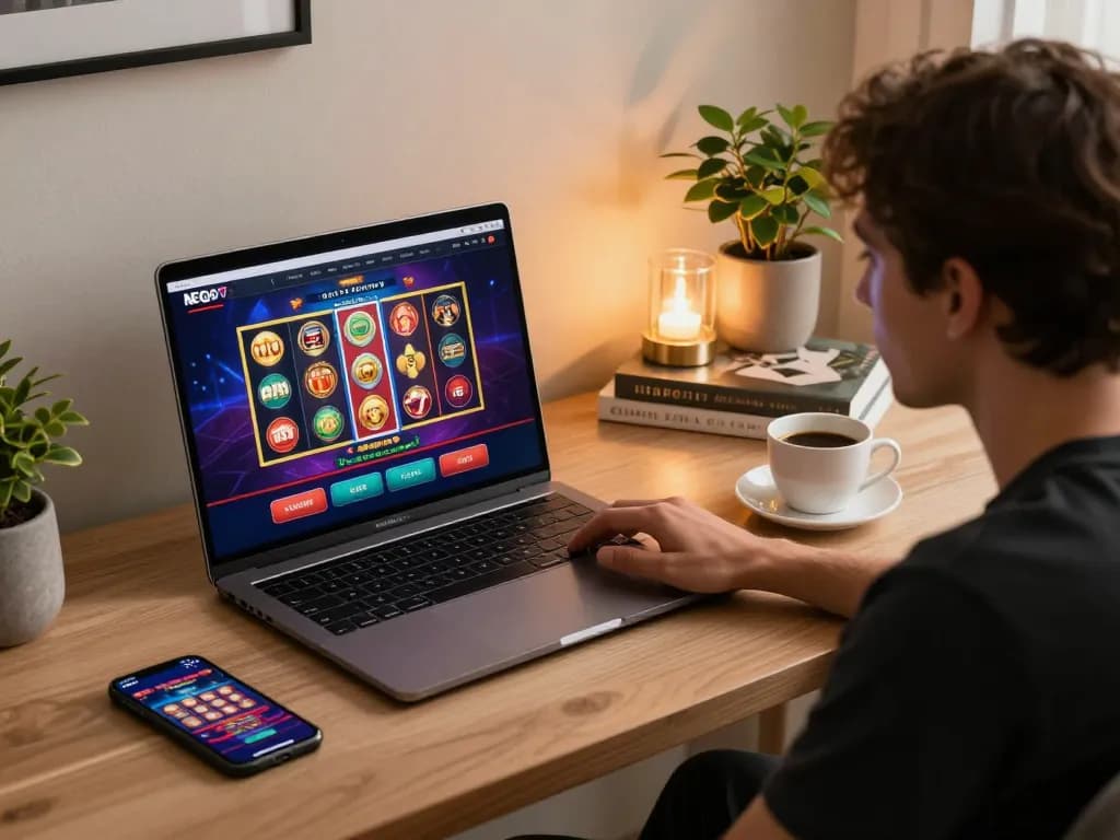 Engaging in NEGO77 online gaming from a stylish home desk, person focused on laptop with casino interface.