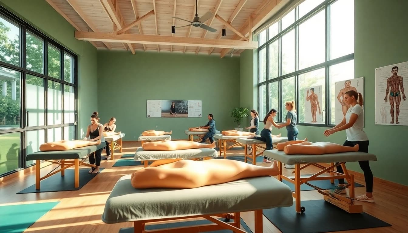 Chiang Mai Massage School students practicing postural massage techniques in a modern classroom.