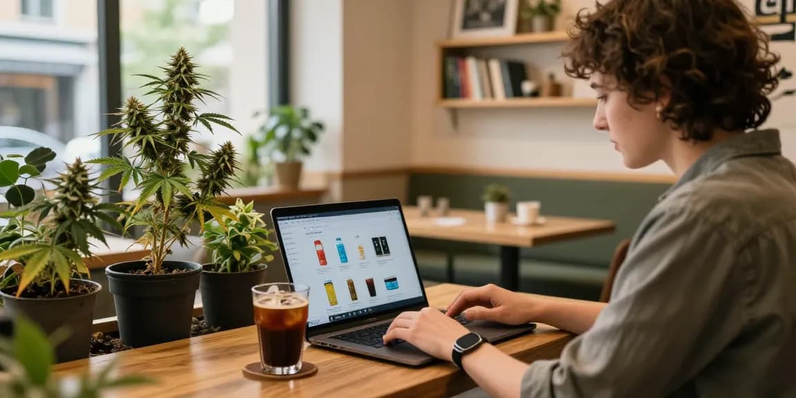 Where Can I Buy Marijuana Online Europe? A person shopping for cannabis online in a cozy café, showcasing a vibrant urban atmosphere.