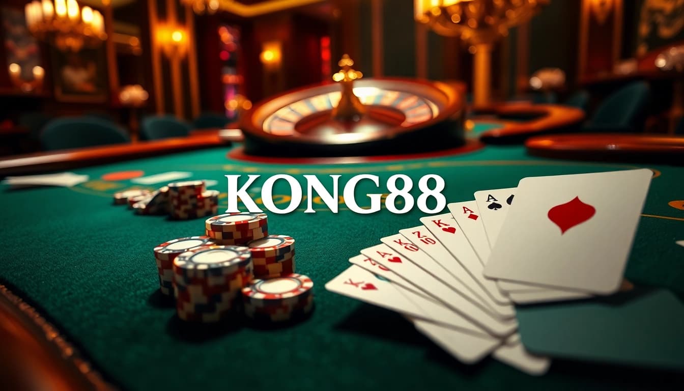 KONG88 poker table scene with vibrant chips and exciting gameplay atmosphere.