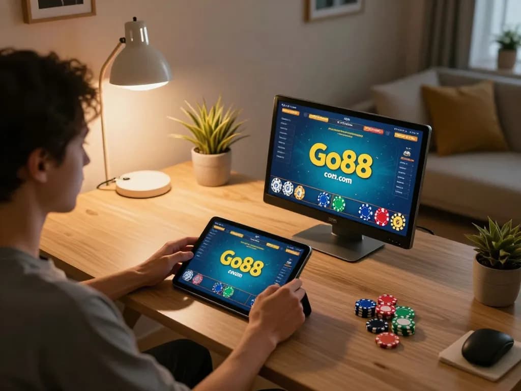 Engaging player using Go88 com for online poker gaming at home, showcasing relaxed atmosphere and strategic gameplay
