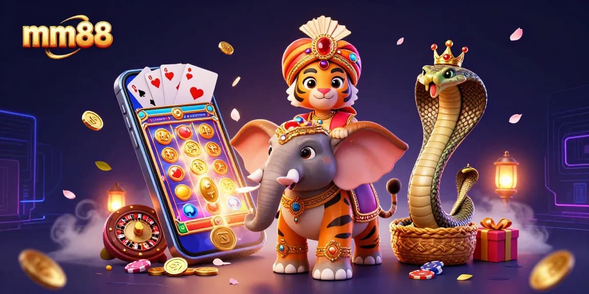 Experience thrilling gameplay with mm88, featuring a vibrant cartoon casino scene full of action.