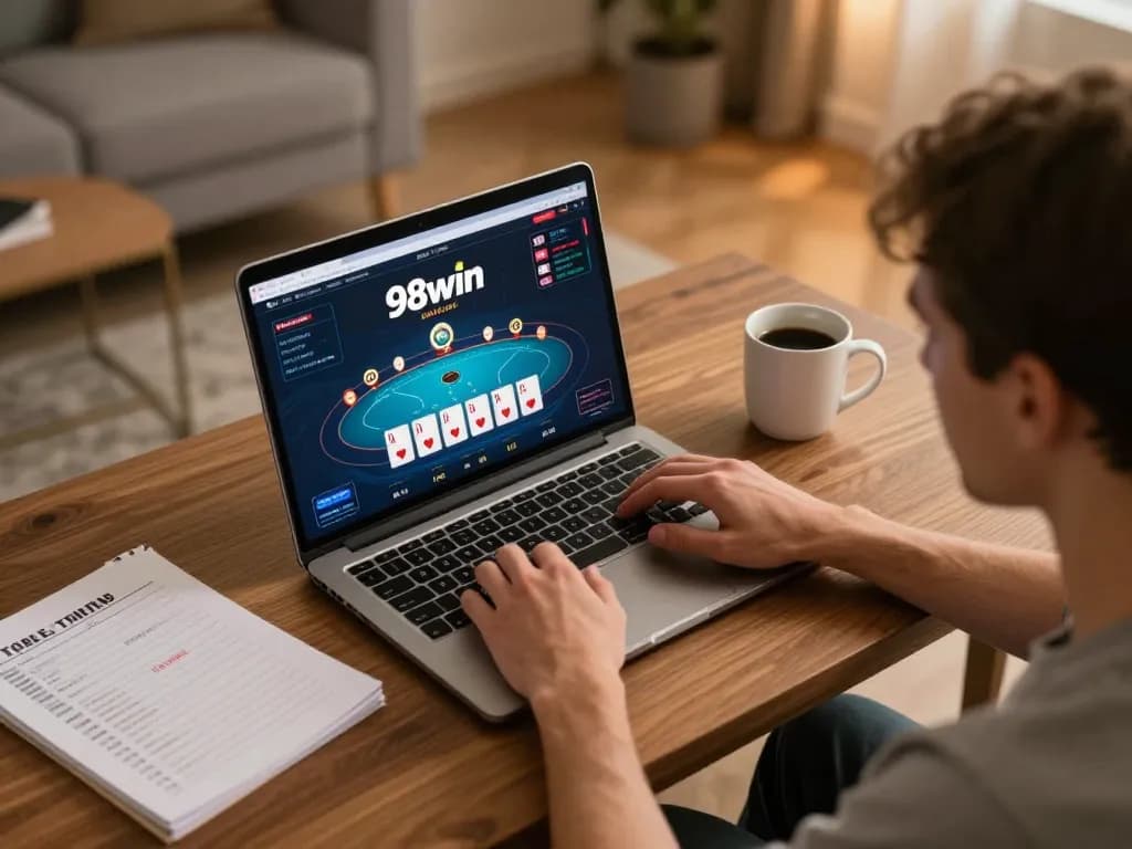 Engaged player using link 98win on laptop for online poker gameplay in a cozy home setting.