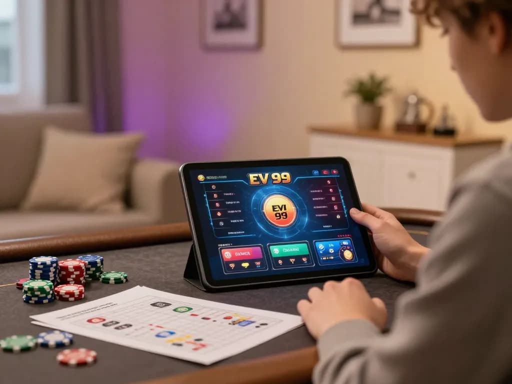 Engaging with EV 99 casino online interface during a cozy home gaming session.