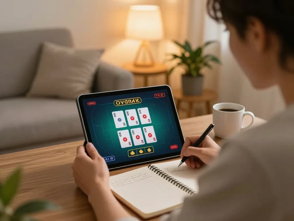 Player engaging in a sun win online casino game from home, using a tablet and taking notes.
