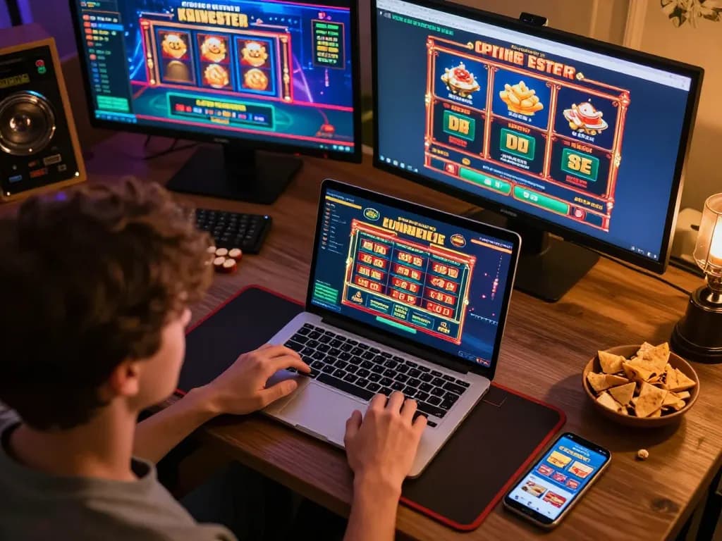Engaging in casino online esteri games from a comfortable home setup with multiple screens and snacks.