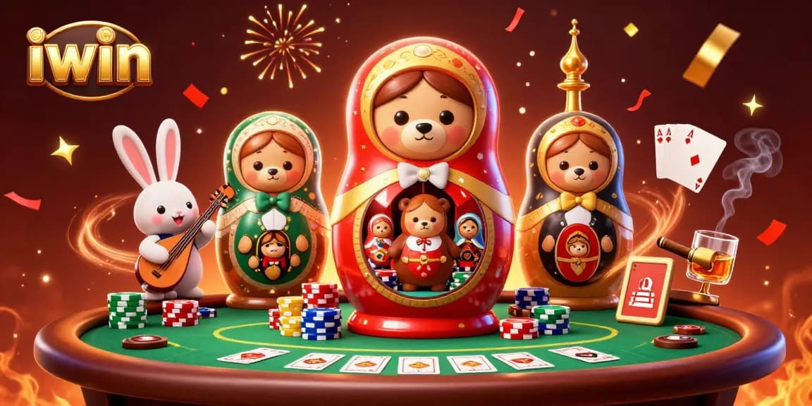 iwin showcases a colorful, festive casino scene with Cartoon Matryoshka bears playing cards.