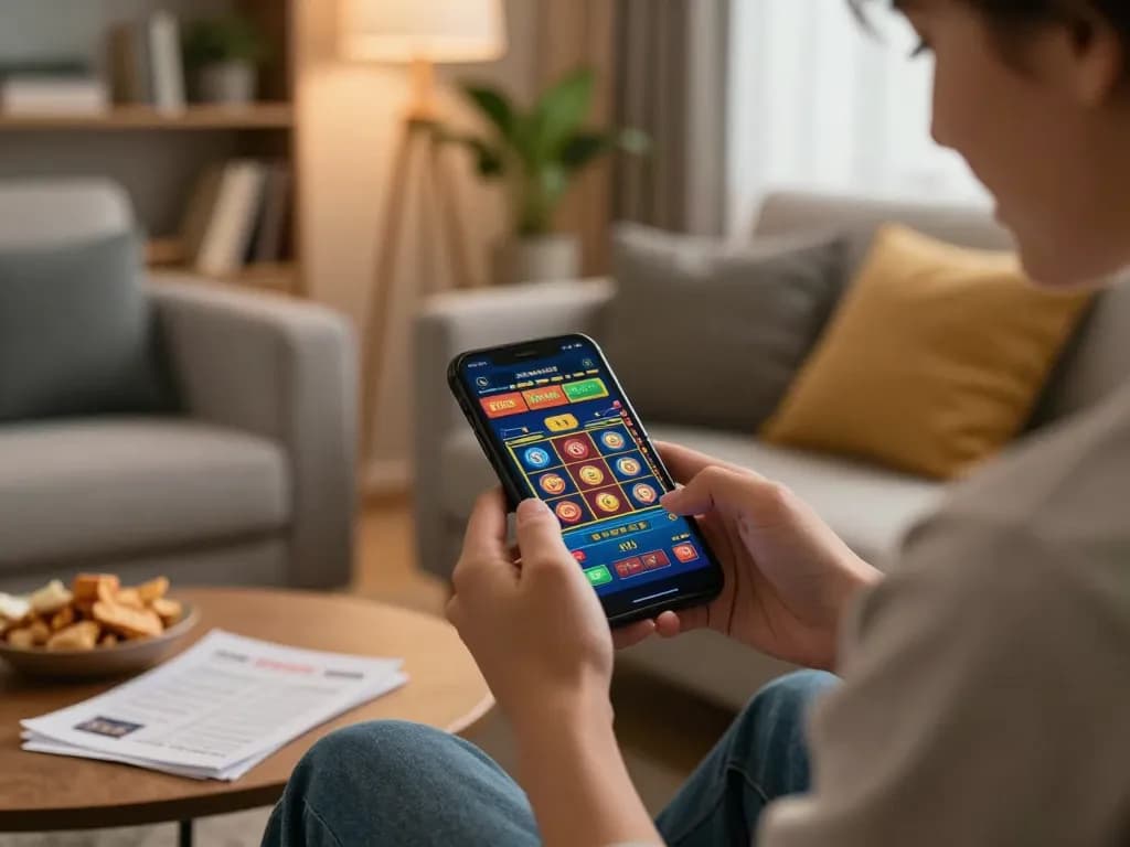 Engaging in online betting on jogoluck using smartphone while relaxing at home, showcasing vibrant gaming experience.