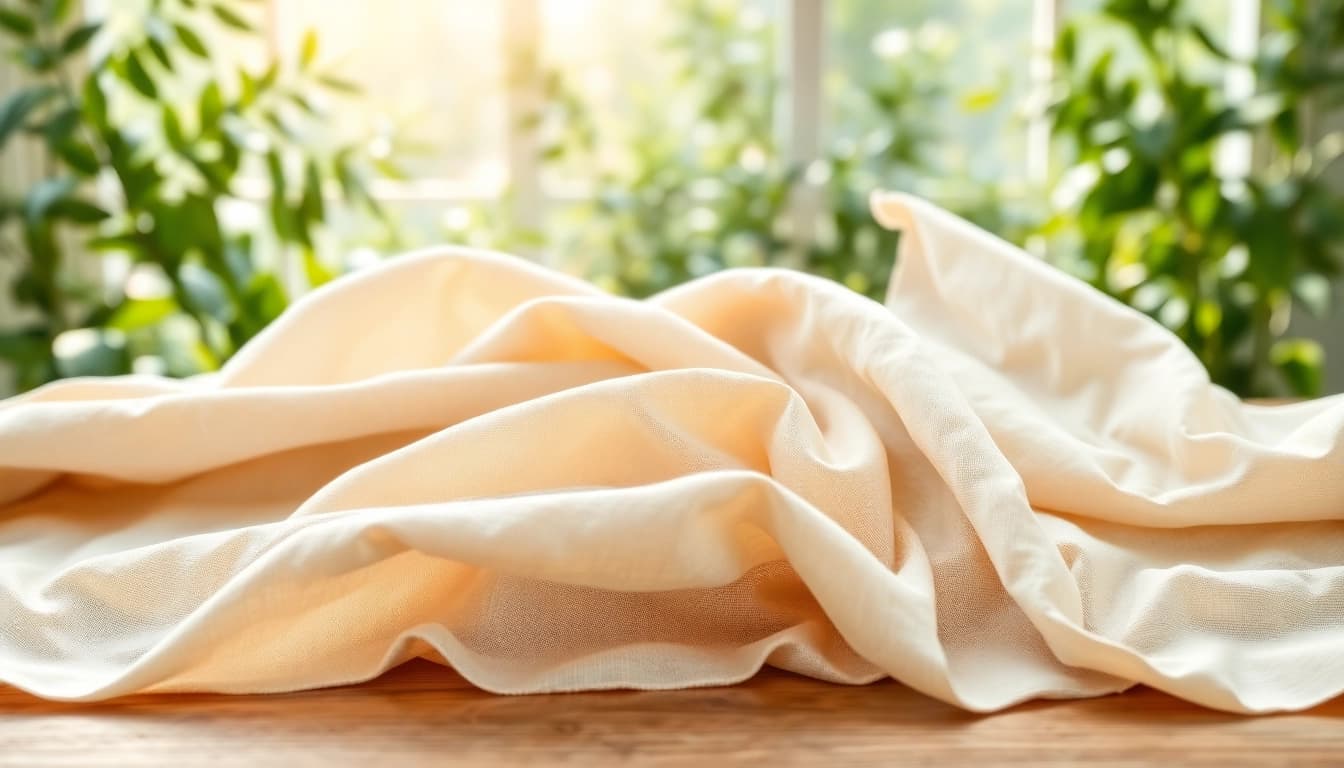 Hoogwaardige linnen stoffen prachtig gepresenteerd op een houten tafel in een lichte studio.