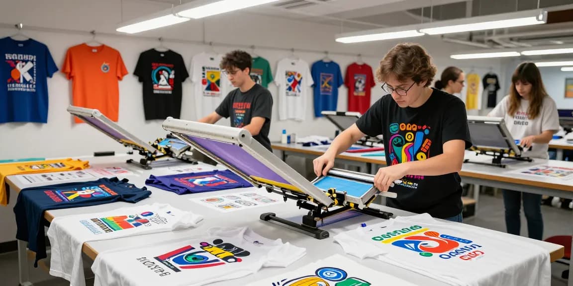 Luminous printing workshop showcasing skilled printer creating custom t-shirts with vibrant designs.