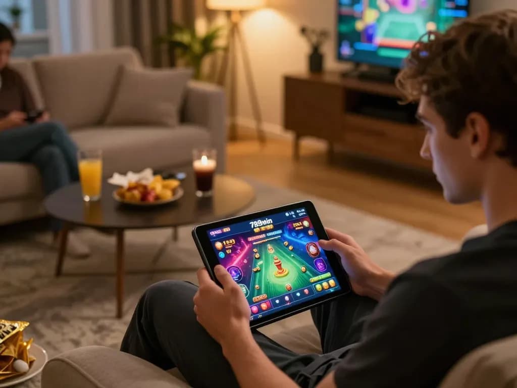 Engaged player using 789win app on tablet, enjoying strategic online gaming in a cozy home setting