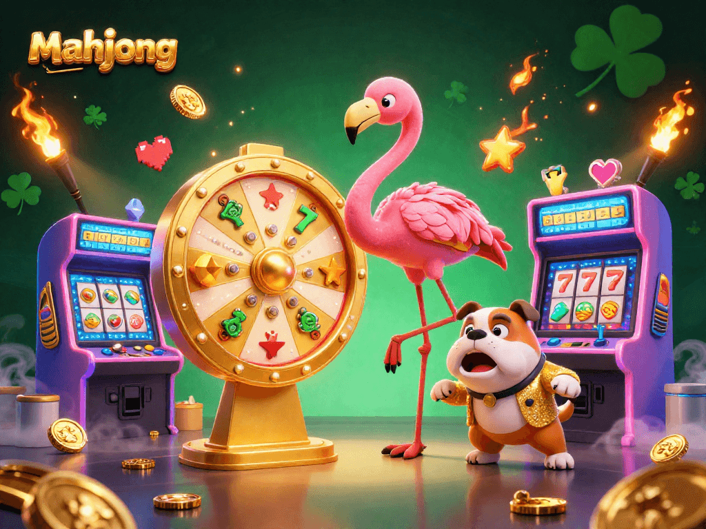 Experience mahjong excitement with a colorful casino scene featuring game show host flamingo and eager contestant.