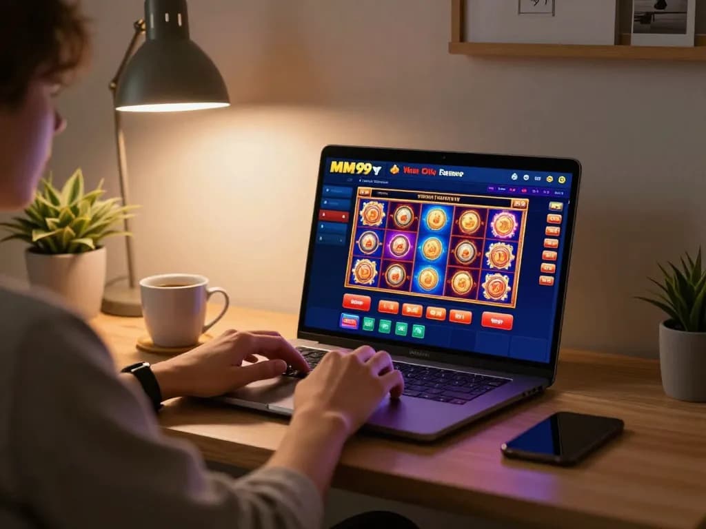 Engaging player enjoying MM99 online casino game on a modern laptop in a cozy home environment