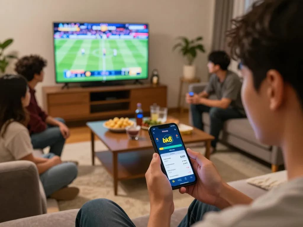 Engaging in sports betting on bk8 dad app during an exciting game night at home.