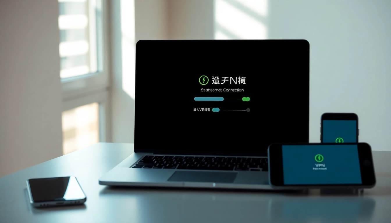 在现代工作区的多设备上显示的快连 VPN 界面，象征无缝连接。