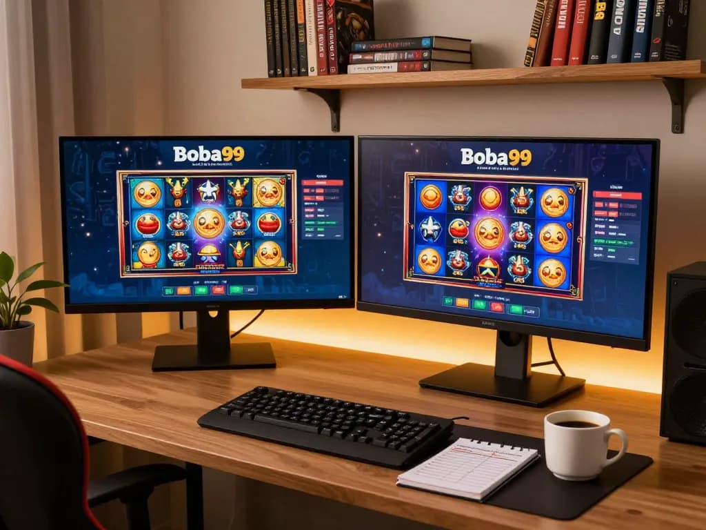 Gameplay kasino online Boba99 pada pengaturan permainan modern dengan slot yang berwarna-warni ditampilkan.