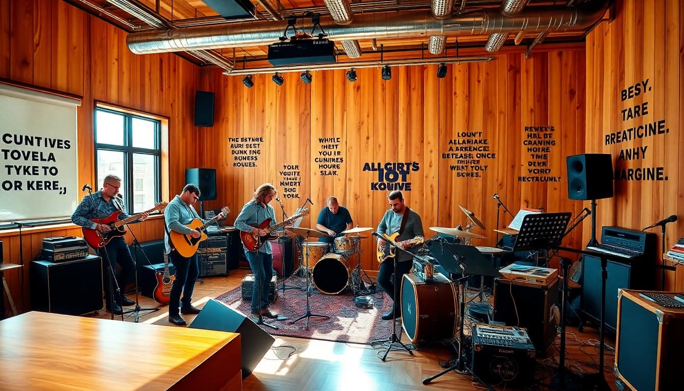 Showcasing collaboration in a music pr agency with dynamic musicians creating in a studio.