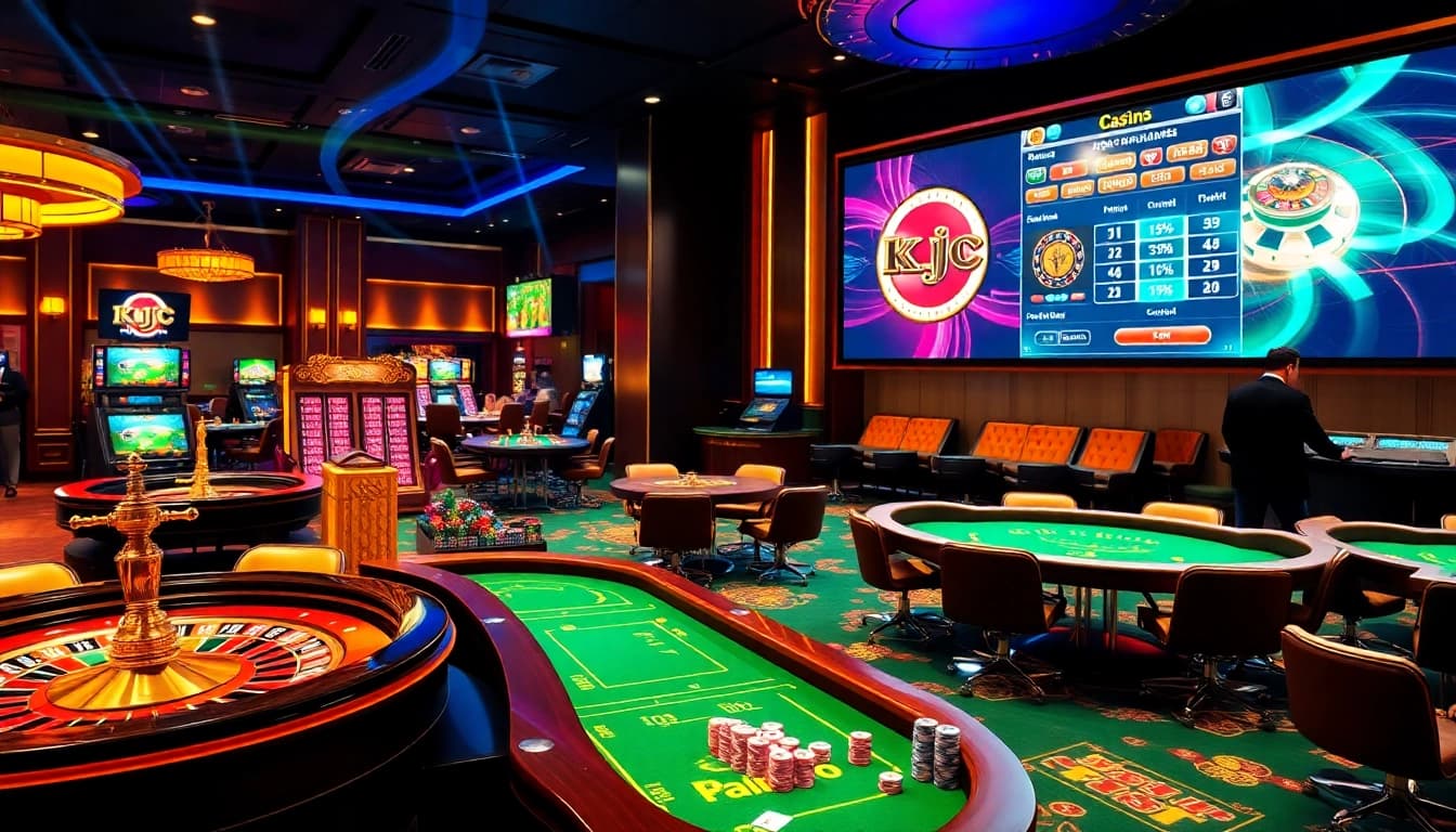 Engaging casino scene featuring games and the KJC logo for online gambling excitement.