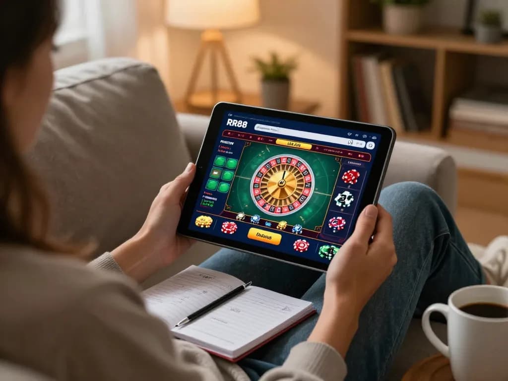 Engaging with the RR88 App for online gaming in a cozy home setting with strategic notes.