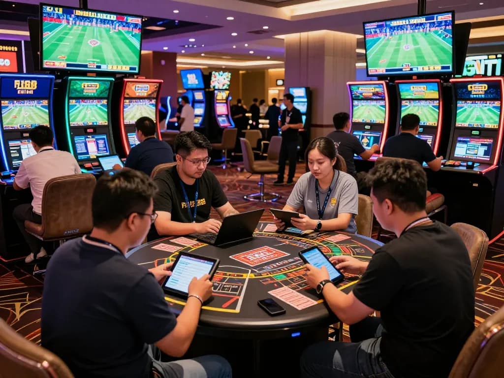 Engaged bettors placing wagers on sports events at FIVE88's vibrant betting area.