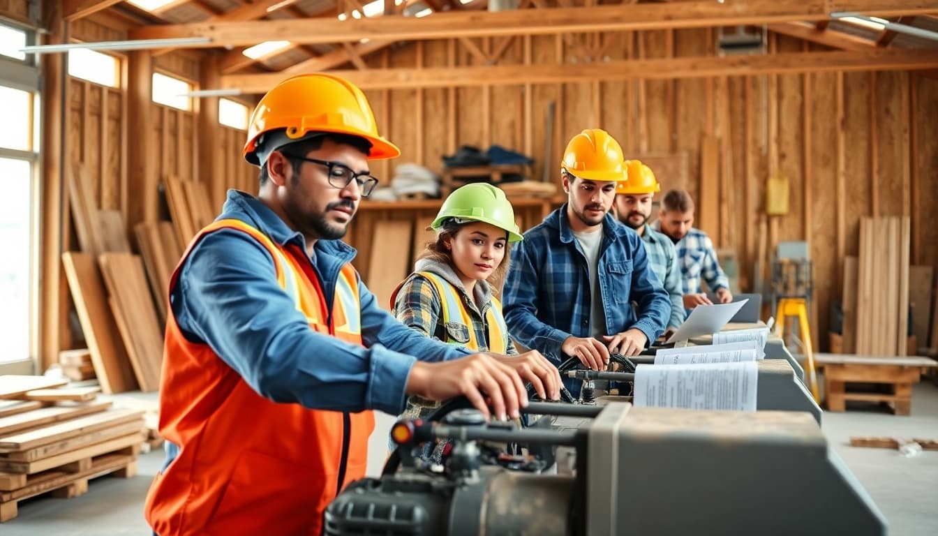 Engaged trainees in construction craft training actively learning in a hands-on workshop environment.