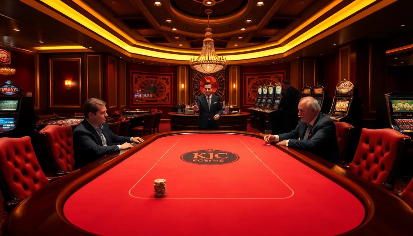KJC-themed casino scene with players at a vibrant poker table, emphasizing luxury and excitement.