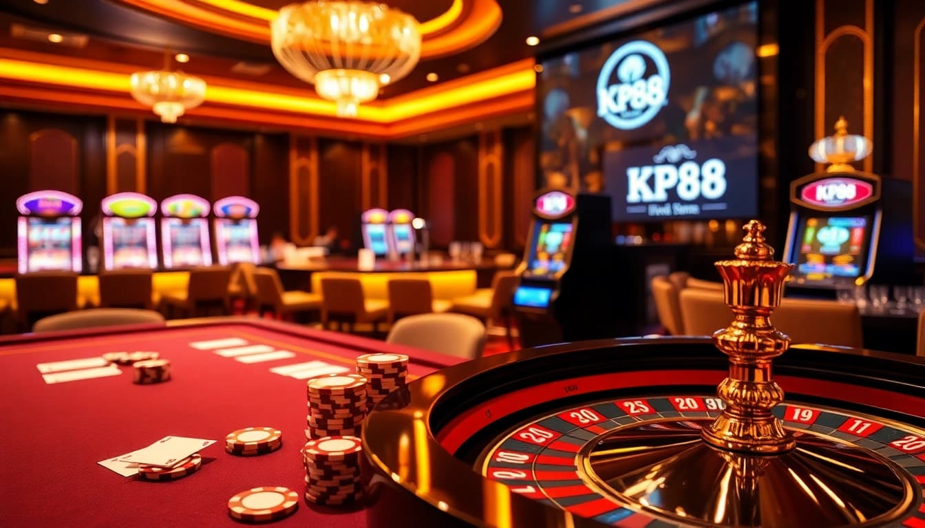 Experience the excitement of KP88 with vibrant casino tables and luxurious gaming elements.