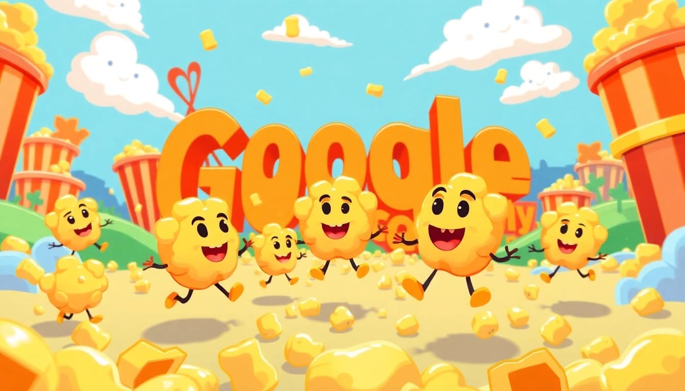 Interactive popcorn Google Doodle game scene showcasing animated kernels competing in a colorful landscape.
