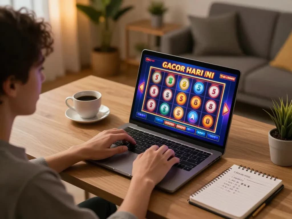 Engaging in slot gacor hari ini gameplay on a laptop, showcasing colorful online casino graphics and a relaxed home environment.