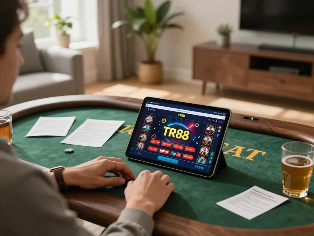 Player enjoying TR88 online casino app on tablet in cozy home setting with strategic gaming notes