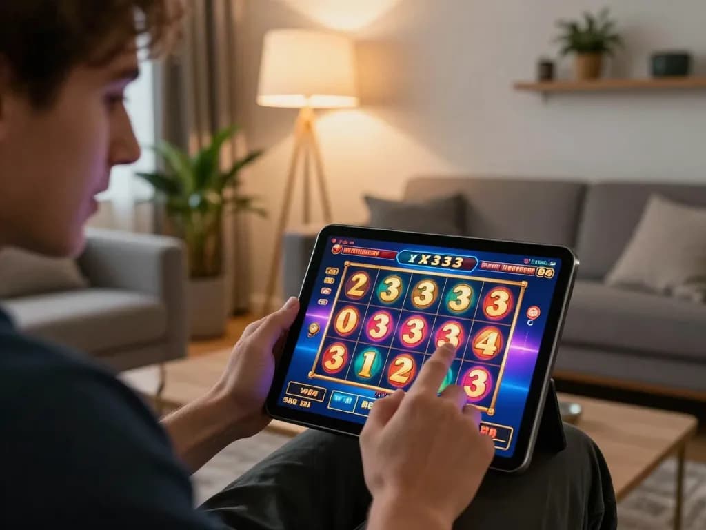 x333 gaming experience on a tablet in a cozy home setting, capturing excitement and atmosphere.